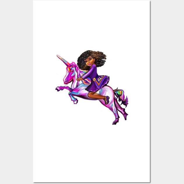 Curly hair Princess on a unicorn pony, lit up- black girl with curly afro hair on a horse Wall Art by Artonmytee
